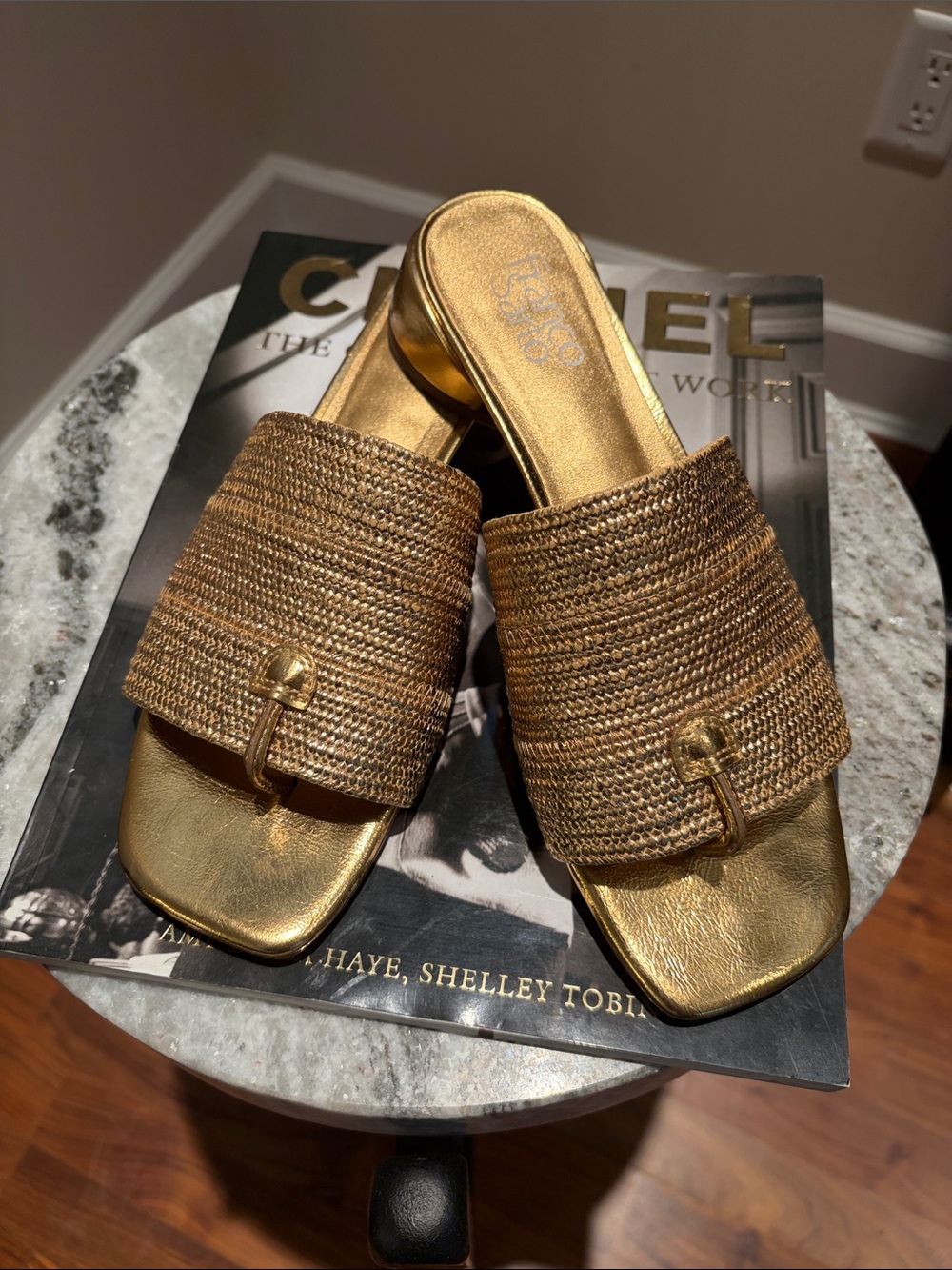 Franco Sarto Metallic Gold Woven Slide Mules